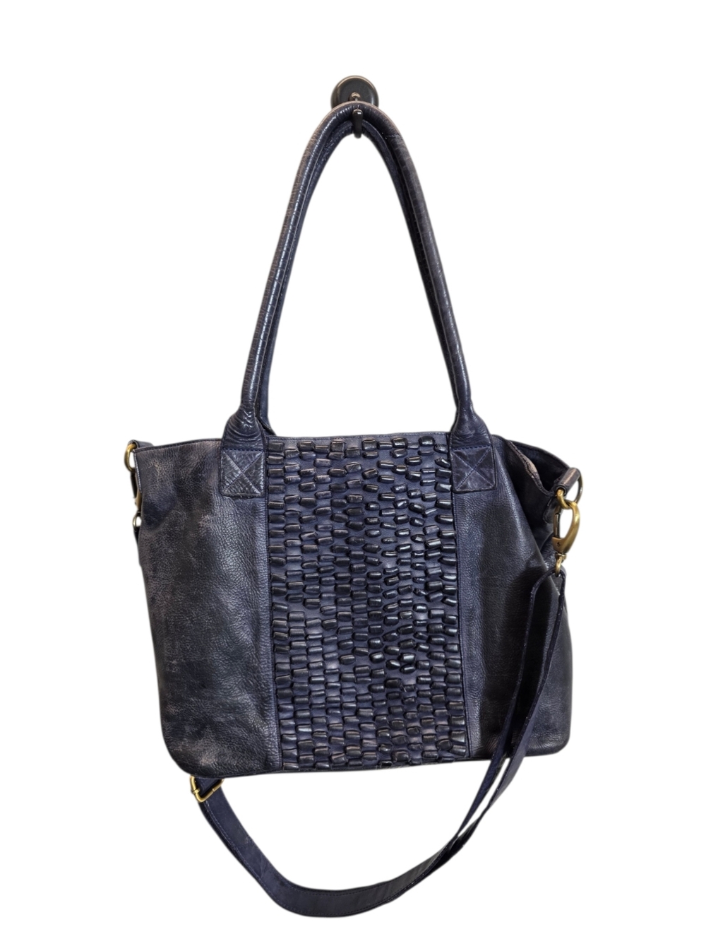 Genuine leather Woven Front Leather Tote in Deep Navy